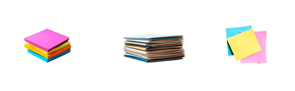 Office documents with colored paper pads, cut out transparent png
