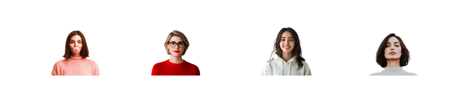 Diverse young women portraits, front view, black background, cut out transparent png