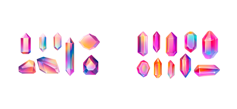 Gemstones collection with shiny iridescent gradient, cut out transparent png