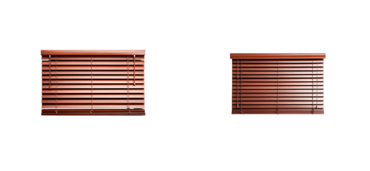 Pair of wooden blinds, open and closed, isolated on black background, cut out transparent png
