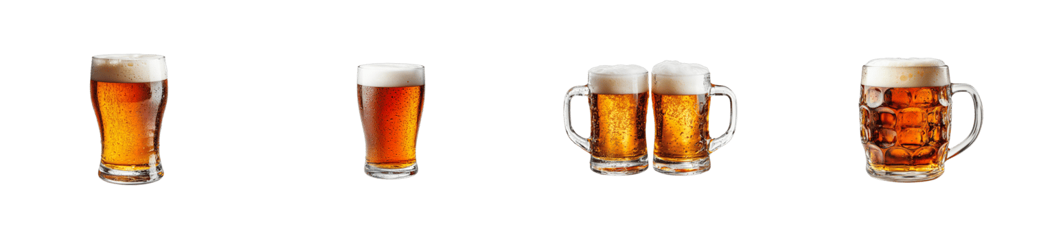Four types beer mugs, beer glasses with foam, cut out transparent png