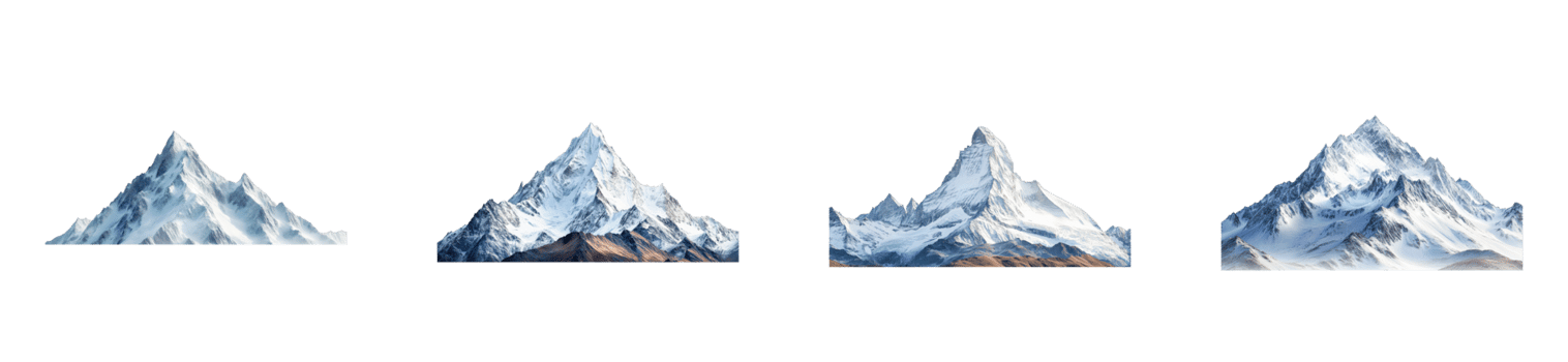 Snow-covered mountain peaks isolated on black background, cut out transparent png