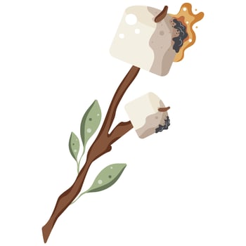 icon of roasted marshmallows on an open fire on a wooden stick with green leaves, for camping designs vector