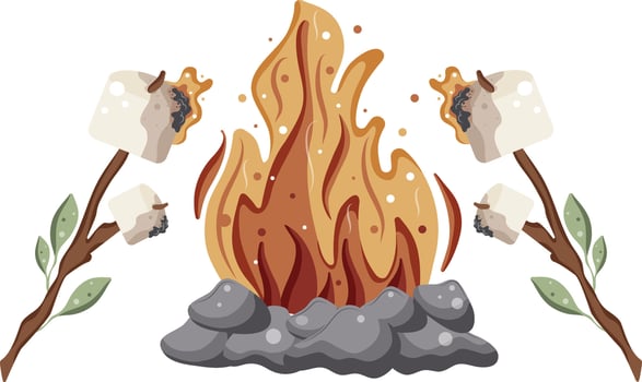 icon of roasted marshmallows on an open fire on a wooden stick with green leaves and a bright hearth with gray stones around it vector