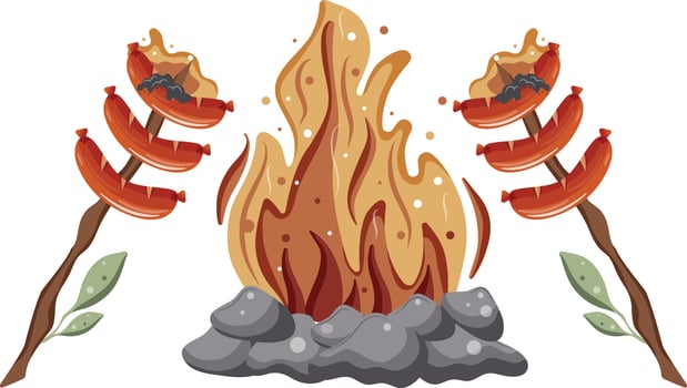 icon of fried sausages on an open fire on a wooden stick with green leaves and a bright hearth with gray stones around it vector