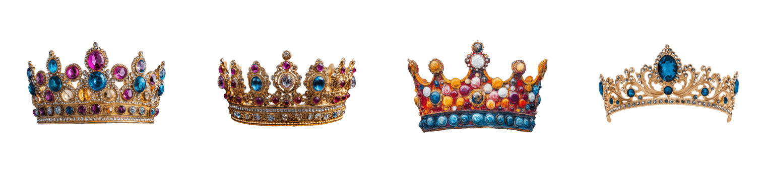 Royal jeweled crowns with vibrant gemstones on black background, cut out transparent png