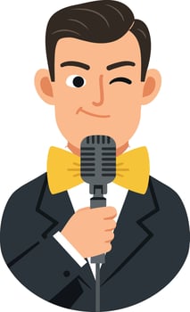 A cheerful man in a tuxedo with a yellow bow tie holding a microphone in a flat illustration vector