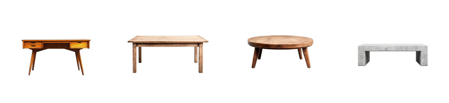 Four pieces of furniture studio shot on black background, cut out transparent png