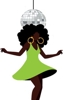 Dancing woman with curly hair in a bright green dress, minimal style art vector