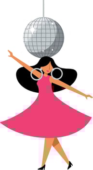 A woman in a pink dress dancing joyfully under a disco ball in a flat illustration vector