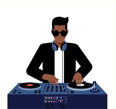 DJ performing at a lively party in a flat illustration style with vibrant colors and energetic atmosphere art vector