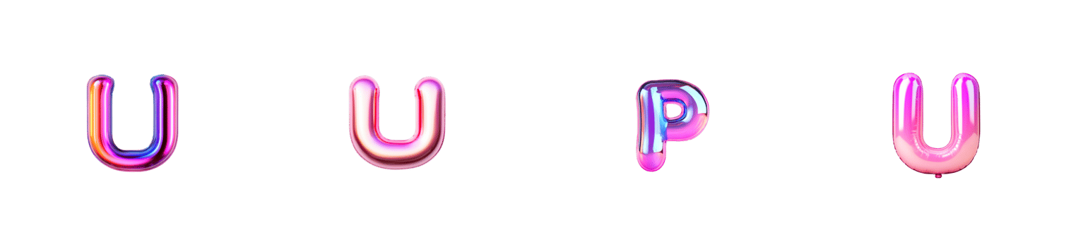 Foil balloon letters spelling UP UP, shiny and iridescent, cut out transparent png