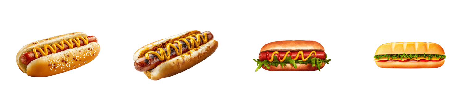 Hot dogs variety with mustard on buns, cut out transparent png
