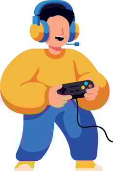 Enthusiastic boy playing games with a controller while wearing a vibrant headset in flat art vector