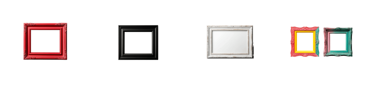 Collection of Empty Picture Frames on Black Backdrop , cut out transparent png