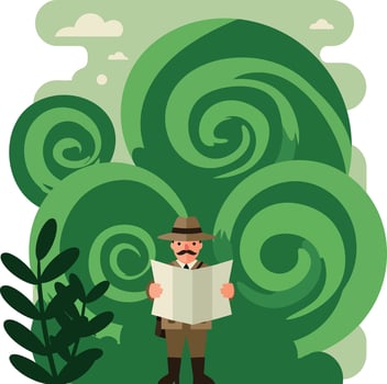 A man exploring a lush forest with a map in hand, flat art vector