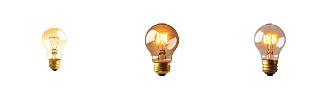 Three vintage light bulbs, glowing warm in dark background, cut out transparent png