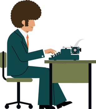 Man with curly hair typing on a retro typewriter at a desk in flat art vector