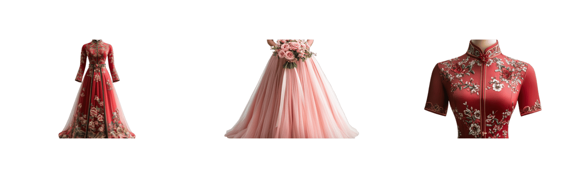Wedding dresses in Asian style, red with flowers and pink tulle, cut out transparent png