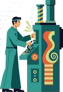 Worker operating a colorful control panel in a vintage machinery setting, flat art vector