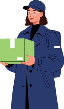 Delivery person wearing a blue coat and cap holds a green box in minimal illustration vector