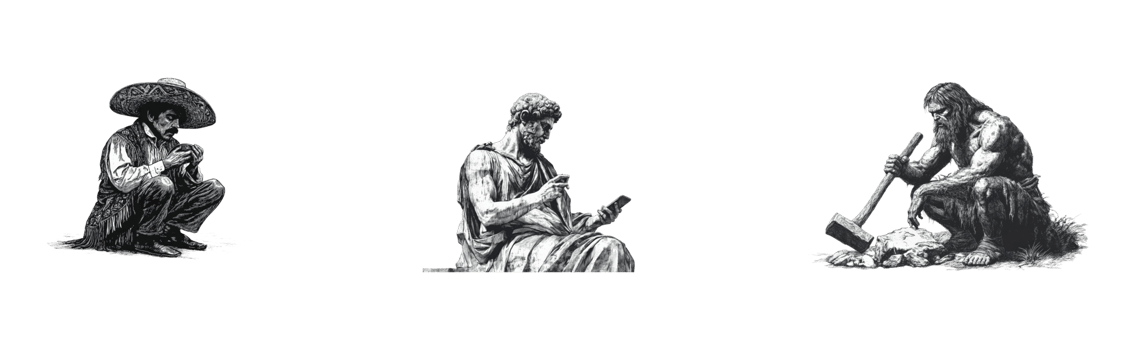 Mexican man with sombrero, Greek sculpture with phone, caveman with hammer, cut out transparent png
