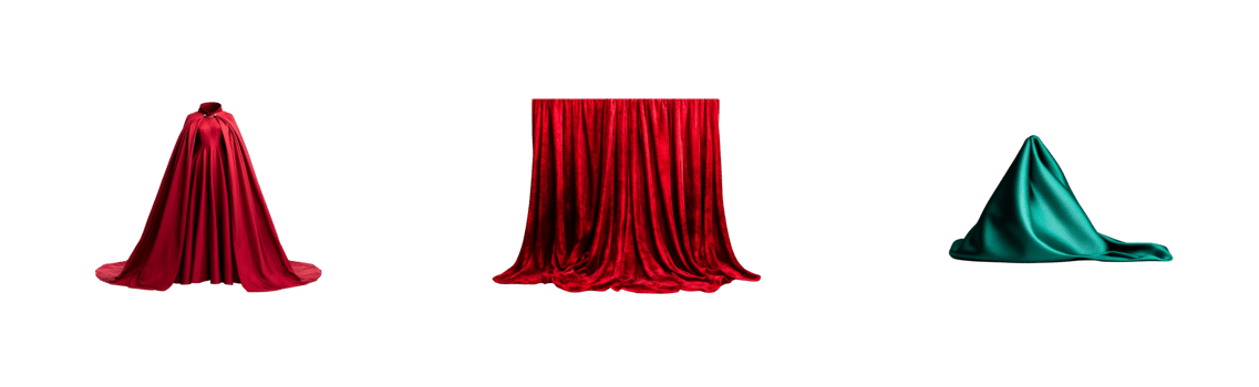 Collection of velvet fabrics in different color, cut out transparent png