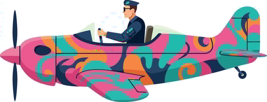 Colorful pilot flying a vintage airplane in a vibrant, artistic style illustration vector