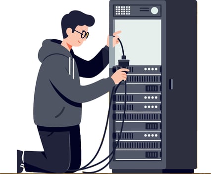 Technician in a hoodie working on a server rack in a minimal illustration vector