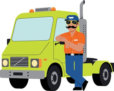 A confident truck driver leaning against a bright yellow truck in a flat illustration vector