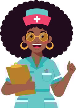 Cheerful nurse with curly hair wearing scrubs and holding a clipboard in flat art vector