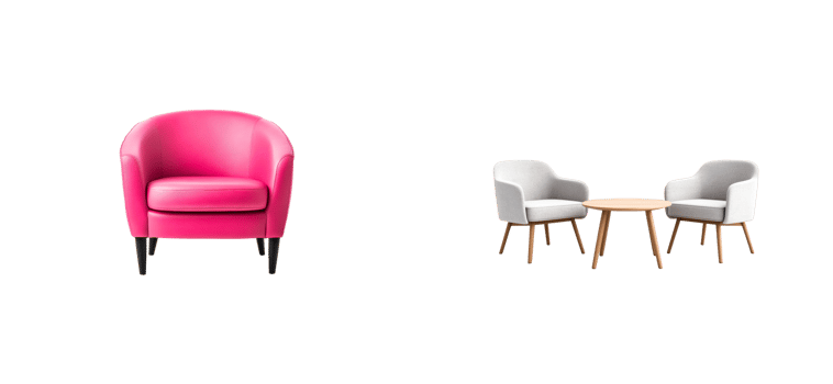 Furniture set of pink leather chair and gray chairs on black, cut out transparent png