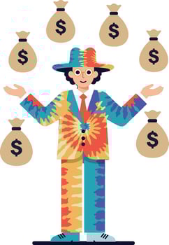 Colorful juggler in vibrant attire balancing money bags in a playful flat art vector