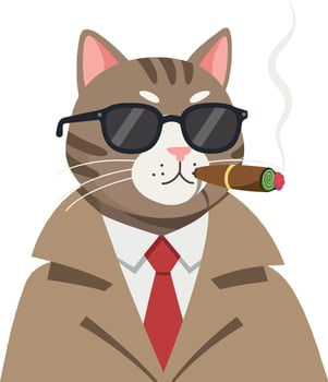 Cat wearing sunglasses and a trench coat with a cigar in its mouth in a flat illustration vector