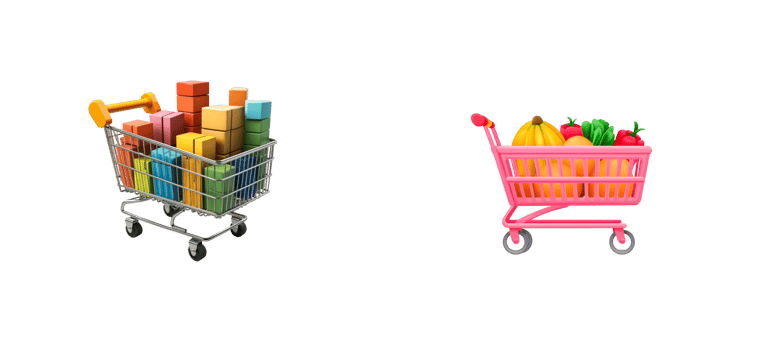 Shopping carts with boxes and fruits, vegetables, cut out transparent png