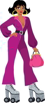 Fashionable woman in vibrant jumpsuit and roller skates, bold colors, flat design illustration vector
