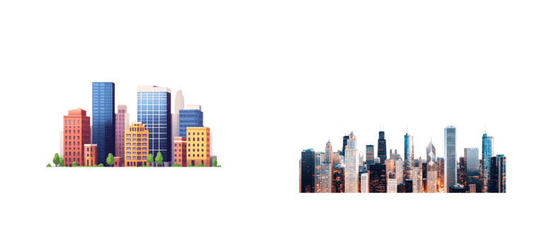 Two different views of a cityscape, buildings, architecture, cut out transparent png