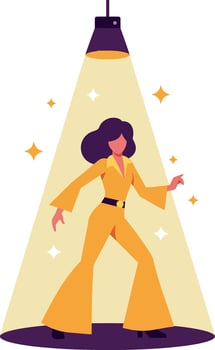 A confident woman in a stylish yellow jumpsuit dancing under a spotlight in flat art vector