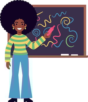A cheerful woman with an afro hairstyle presenting colorful drawings on a chalkboard in flat art vector