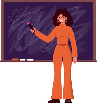 Confident teacher standing in front of a chalkboard wearing stylish orange attire in flat art vector