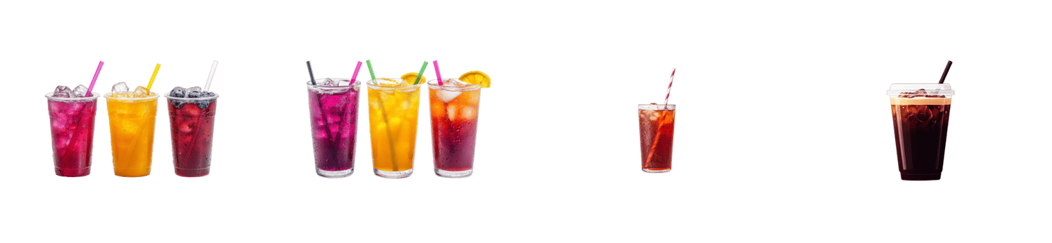 Refreshing beverages lined up on a transparent backdrop png