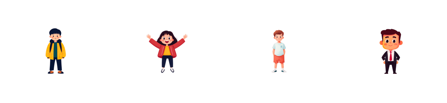 Cartoon characters in varied outfits and expressions png
