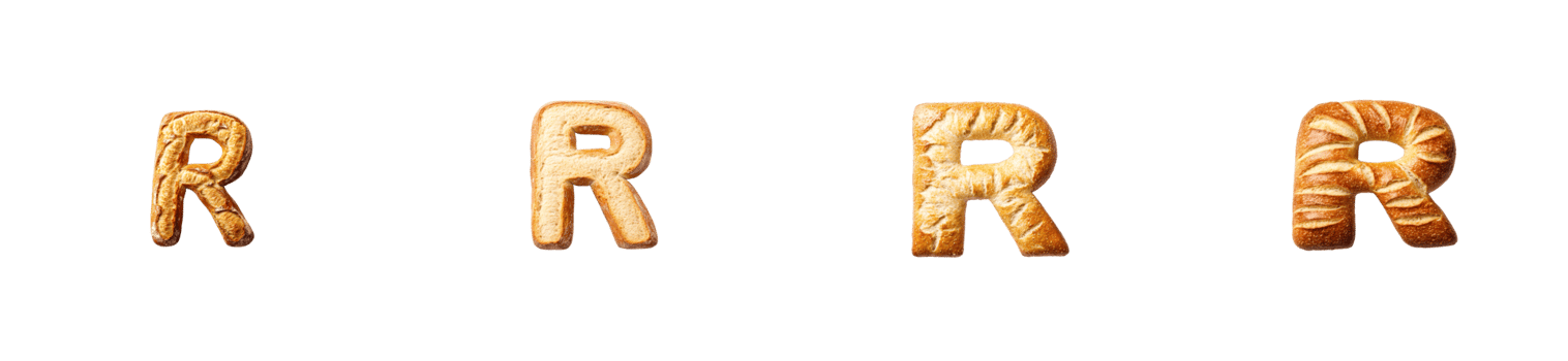 Different styles of the letter R made from baked goods png