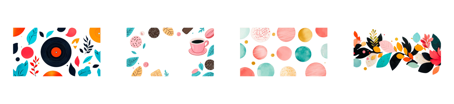 Colorful patterns with flowers, circles, and coffee cups png