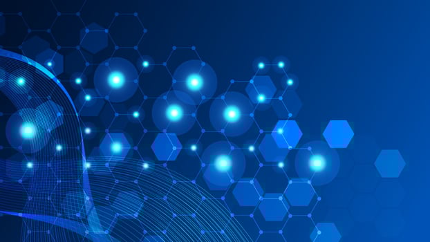 Technology abstract lines and dots connect background with hexagons. Hexagons connection digital data and big data concept. Abstract digital network connection structure on blue background. vector