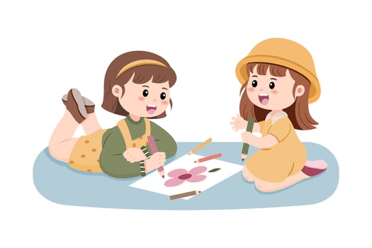 Two happy young girls drawing a flower together on a piece of paper while sitting on the floor. vector