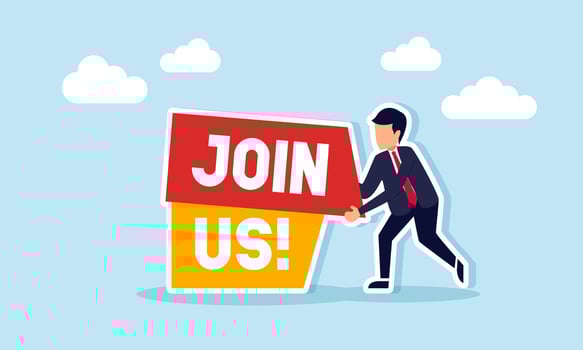A businessman is arranging the words JOIN US, illustration of promotion and socialization related to company job vacancy vector