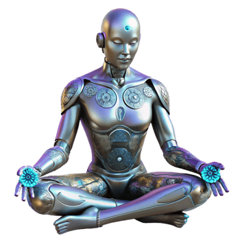 majestic tranquil elegant A cyborg with intricate floral patterns etched into their metallic skin meditates in a zen garden on a futuristic space station. Cyberpunk style, soft lighting detailed png