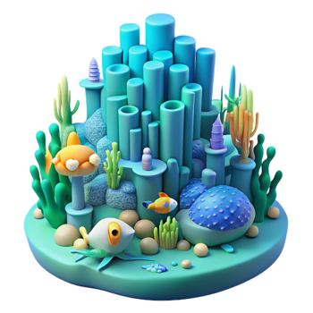 coveted baroque An underwater city built of coral and bioluminescent algae, soft blue and green light, organic shapes, schools of fish swimming through the structures handcrafted png