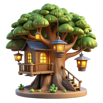 breathtaking memorable A treehouse built into a giant redwood tree, rustic wood construction, glowing lanterns, magical and whimsical png